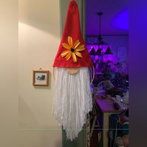 Gnome wall or door decor I created. Yarn, felt, and leather nose! 2 colors avail